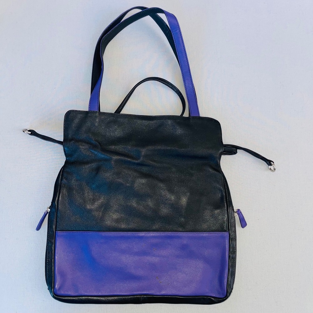 ILI New York Colorblock Shoulder Bag Leather Black Purple Silver Hardware